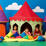 Vibrant and whimsical scene of children (aged 5-8, with diverse Middle Eastern features) deeply engrossed in imaginative play. They are building an elaborate fantastical world for colorful 'Trolls' dolls using everyday household items: blankets draped as sprawling mountains or caves, cushions forming majestic peaks, and building blocks meticulously arranged into whimsical structures. The children's faces are alight with creativity and focus, actively transforming their living room into a rich, detailed landscape of their own making. The atmosphere is warm, joyful, and filled with the magic of open-ended play, emphasizing the active creation of a unique world.