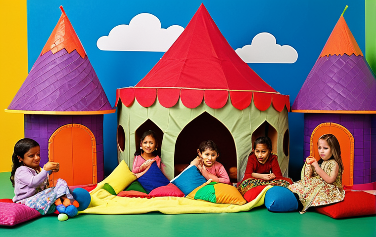 Vibrant and whimsical scene of children (aged 5-8, with diverse Middle Eastern features) deeply engrossed in imaginative play. They are building an elaborate fantastical world for colorful 'Trolls' dolls using everyday household items: blankets draped as sprawling mountains or caves, cushions forming majestic peaks, and building blocks meticulously arranged into whimsical structures. The children's faces are alight with creativity and focus, actively transforming their living room into a rich, detailed landscape of their own making. The atmosphere is warm, joyful, and filled with the magic of open-ended play, emphasizing the active creation of a unique world.
