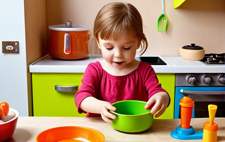 **Image 1 Prompt:** A close-up shot of a young child's small hands diligently "cooking" imaginary food in a brightly colored toy kitchen set. The child's face is filled with intense focus and pure joy, their eyes sparkling with creativity as they immerse themselves in imaginative play. The scene should evoke a sense of wonder and the magic of childhood, with warm, soft indoor lighting, highlighting the child's self-directed play and imaginative world.