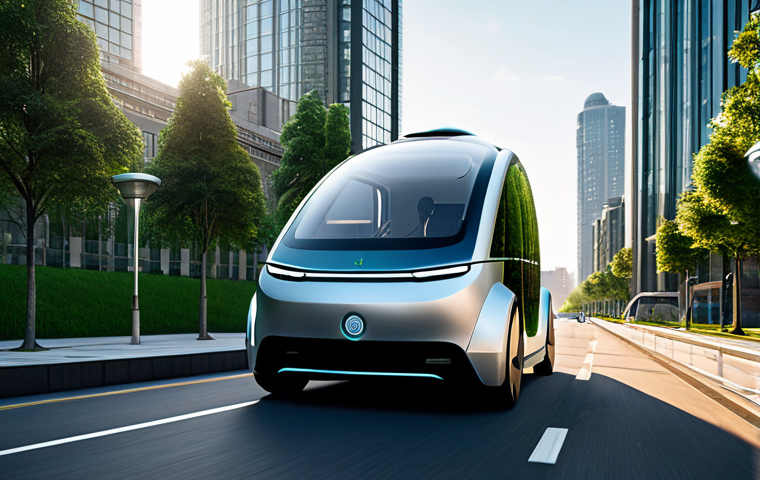A sleek, futuristic autonomous vehicle, inspired by a magical carriage, glides silently through a pristine, modern cityscape at dawn. The city features lush green spaces, innovative clean energy infrastructure like solar panel facades, and minimalist skyscrapers reflecting the soft sunlight. The vehicle itself has graceful lines and incorporates elements of both ancient elegance and cutting-edge technology. The scene conveys a sense of environmental sustainability and advanced urban living. Professional photography, high resolution, detailed, cinematic lighting, safe for work, appropriate content, fully clothed, professional.