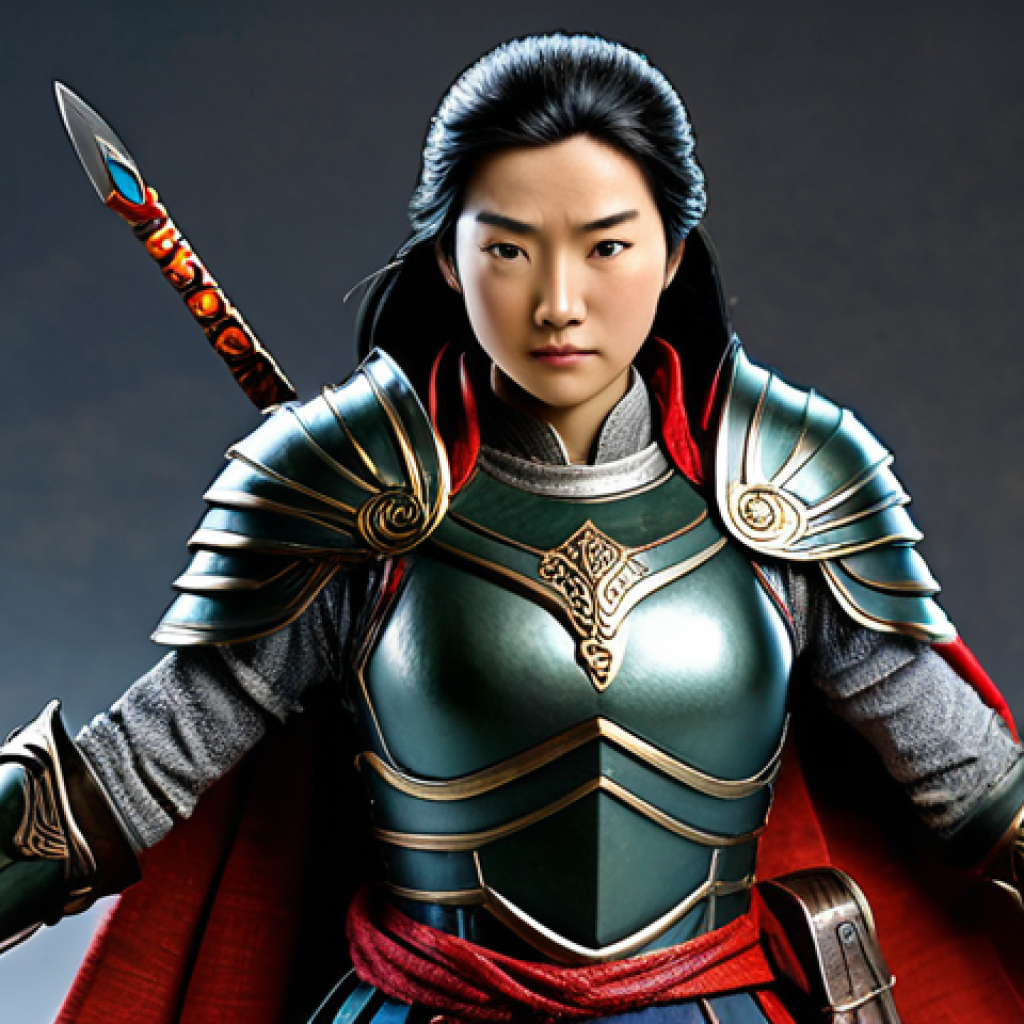 A highly detailed collectible Mulan combat figurine, captured in a powerful and dynamic battle-ready pose. She is depicted in her traditional, modest war armor with flowing appropriate fabrics, fully clothed, showcasing exceptional craftsmanship. Her expression is one of unwavering determination mixed with human resolve, featuring perfect anatomy, correct proportions, a natural pose, well-formed hands, and proper finger count. The lighting is dramatic and artistic, emphasizing intricate textures on the armor and fabric, with vivid, realistic colors and precise shading. The subtle background evokes an ancient, epic, and non-violent battlefield environment, safe for work, appropriate content, professional, family-friendly, high-quality studio photography.