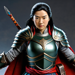 A highly detailed collectible Mulan combat figurine, captured in a powerful and dynamic battle-ready pose. She is depicted in her traditional, modest war armor with flowing appropriate fabrics, fully clothed, showcasing exceptional craftsmanship. Her expression is one of unwavering determination mixed with human resolve, featuring perfect anatomy, correct proportions, a natural pose, well-formed hands, and proper finger count. The lighting is dramatic and artistic, emphasizing intricate textures on the armor and fabric, with vivid, realistic colors and precise shading. The subtle background evokes an ancient, epic, and non-violent battlefield environment, safe for work, appropriate content, professional, family-friendly, high-quality studio photography.