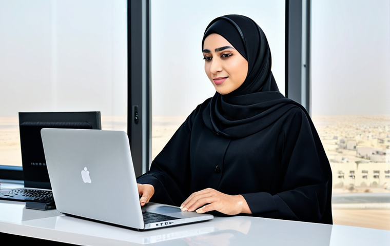 스쿠비두 미스터리 기계 세트 - **

A professional Saudi Arabian businesswoman in a modest, modern hijab and abaya, working on a lap...