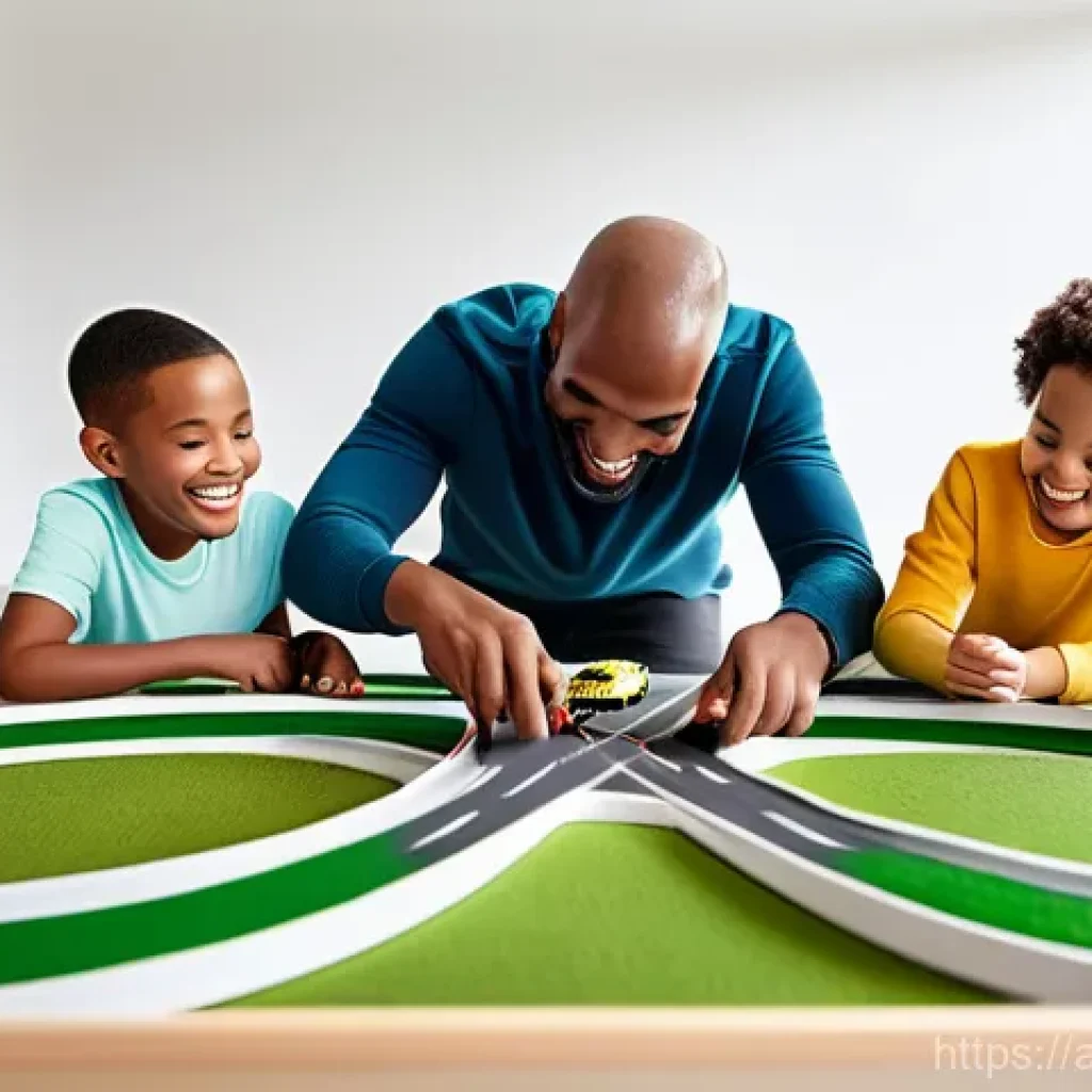 카 디럭스 세트와 함께 하는 레이싱 놀이 - **Prompt:** "A vibrant, wide-angle shot of a diverse family (father, mother, and two children, one a...