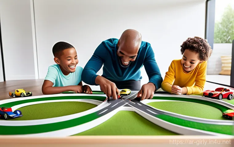 카 디럭스 세트와 함께 하는 레이싱 놀이 - **Prompt:** "A vibrant, wide-angle shot of a diverse family (father, mother, and two children, one a...