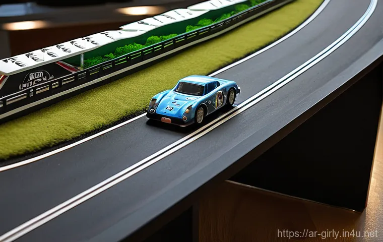 카 디럭스 세트와 함께 하는 레이싱 놀이 - **Prompt:** "A dynamic, eye-level shot capturing the thrilling peak of a family slot car race. Two i...