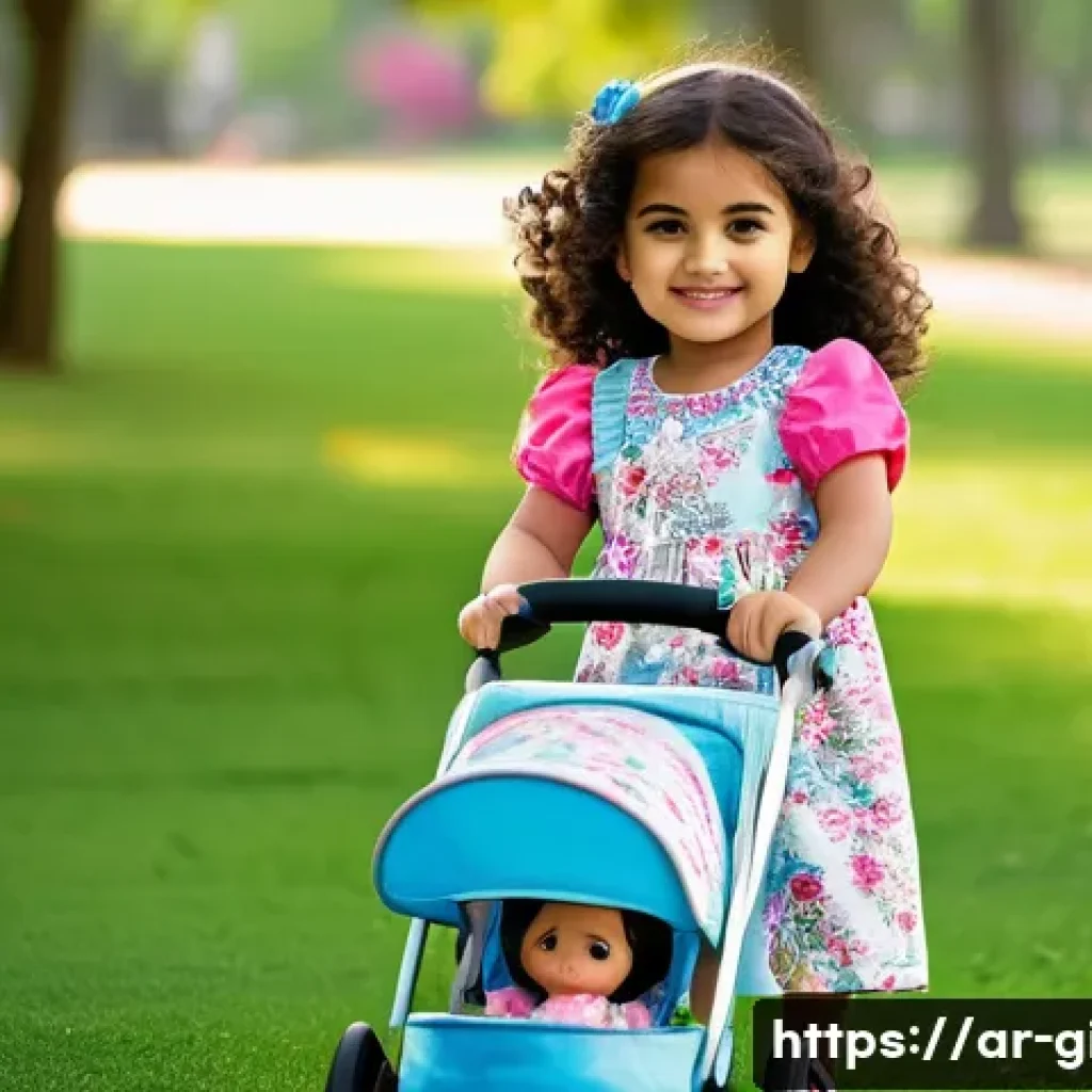 유모차 역할놀이 심리적 장점 - **A heartwarming scene depicting a young Arab girl, around 4 years old, pushing a toy stroller with ...