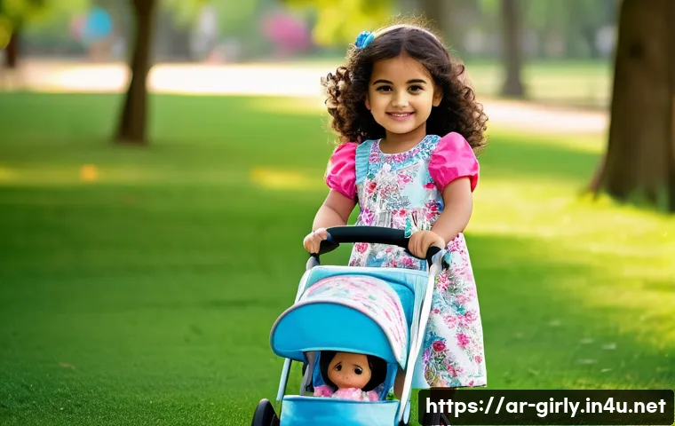유모차 역할놀이 심리적 장점 - **A heartwarming scene depicting a young Arab girl, around 4 years old, pushing a toy stroller with ...