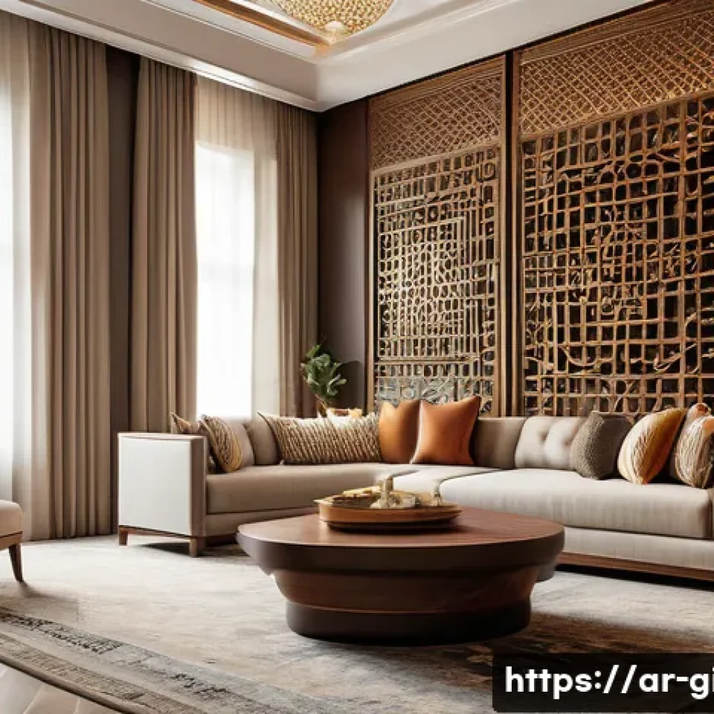 소피아 공주 리본 스튜디오 - A sophisticated interior design studio scene showcasing a harmonious blend of traditional Arabic her...
