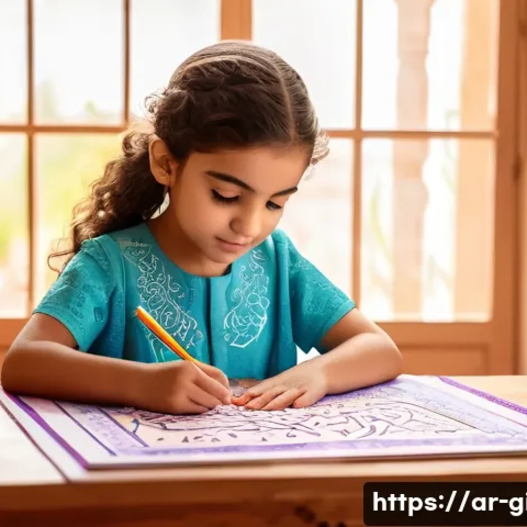 소피아 공주 색칠 놀이 세트 - A young Arab girl wearing a colorful dress and a diaper, sitting at a small wooden table in a bright...