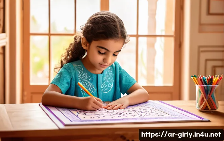 소피아 공주 색칠 놀이 세트 - A young Arab girl wearing a colorful dress and a diaper, sitting at a small wooden table in a bright...
