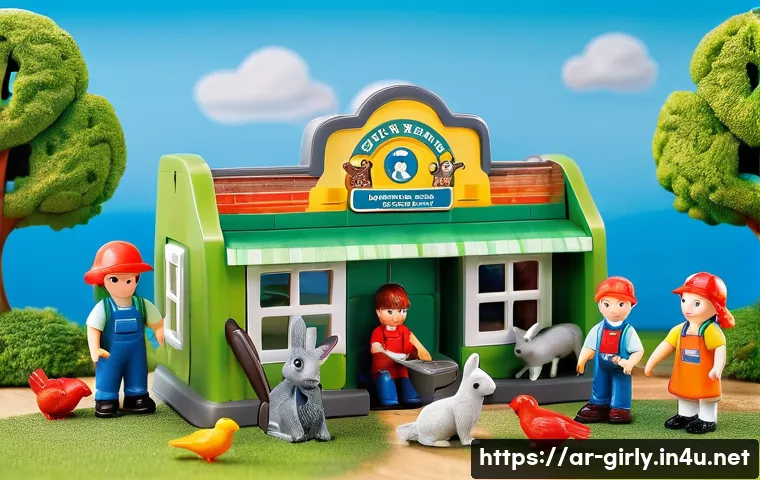 레고 프렌즈 동물 구조 기지 - A vibrant and detailed children’s rescue animal station playset scene with bright colors and realist...