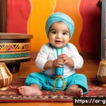 베이비 아인슈타인 악기 세트 - A joyful Arab baby wearing a colorful diaper, sitting on a traditional Middle Eastern patterned rug,...