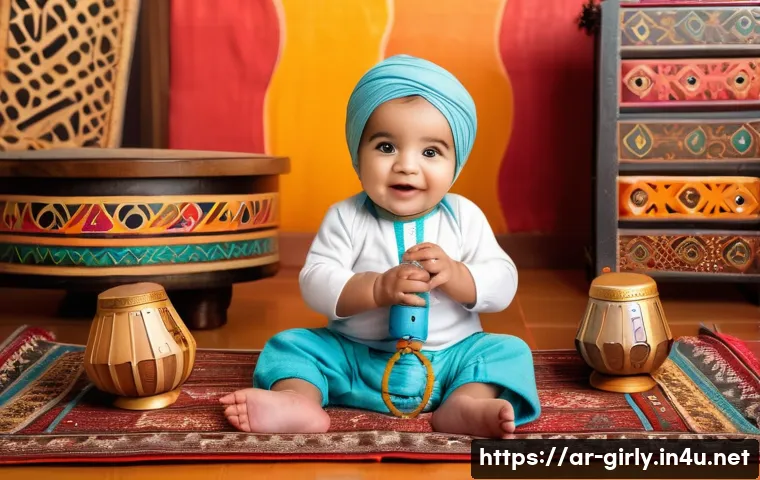 베이비 아인슈타인 악기 세트 - A joyful Arab baby wearing a colorful diaper, sitting on a traditional Middle Eastern patterned rug,...
