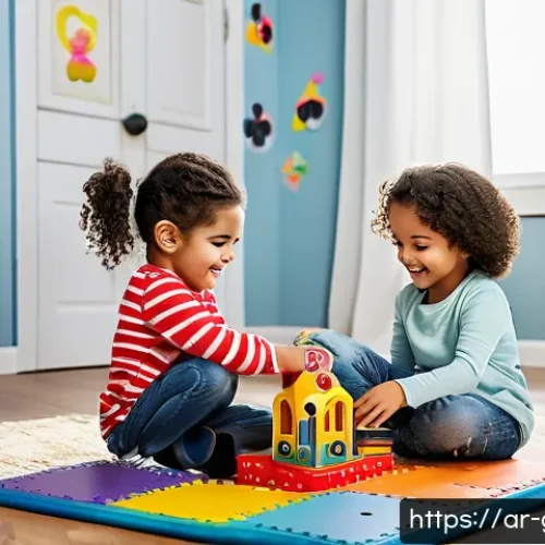 미키와 미니의 테마 놀이 세트 - A vibrant and colorful playroom scene featuring children aged 3 to 7, wearing comfortable casual clo...