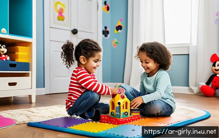 미키와 미니의 테마 놀이 세트 - A vibrant and colorful playroom scene featuring children aged 3 to 7, wearing comfortable casual clo...