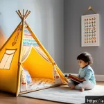 캠프 크리터 어린이 텐트 놀이 - A cozy indoor children’s play tent set up in a bright, spacious corner of a living room decorated wi...