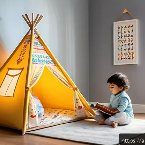 캠프 크리터 어린이 텐트 놀이 - A cozy indoor children’s play tent set up in a bright, spacious corner of a living room decorated wi...