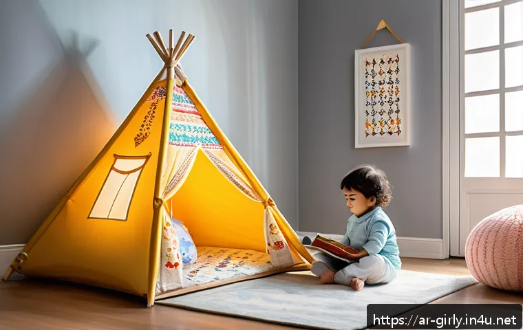 캠프 크리터 어린이 텐트 놀이 - A cozy indoor children’s play tent set up in a bright, spacious corner of a living room decorated wi...