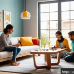 헬로카봇 차고 놀이 세트 - A vibrant family scene in a modern Middle Eastern living room, featuring parents and children playin...