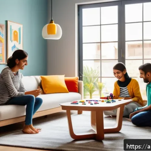 헬로카봇 차고 놀이 세트 - A vibrant family scene in a modern Middle Eastern living room, featuring parents and children playin...