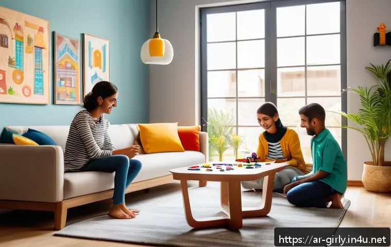 헬로카봇 차고 놀이 세트 - A vibrant family scene in a modern Middle Eastern living room, featuring parents and children playin...