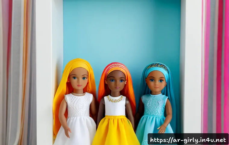 레인보우 하이 컬러풀 돌 - Photorealistic studio product scene of four colorful high-fashion dolls with vibrant rainbow hair, m...