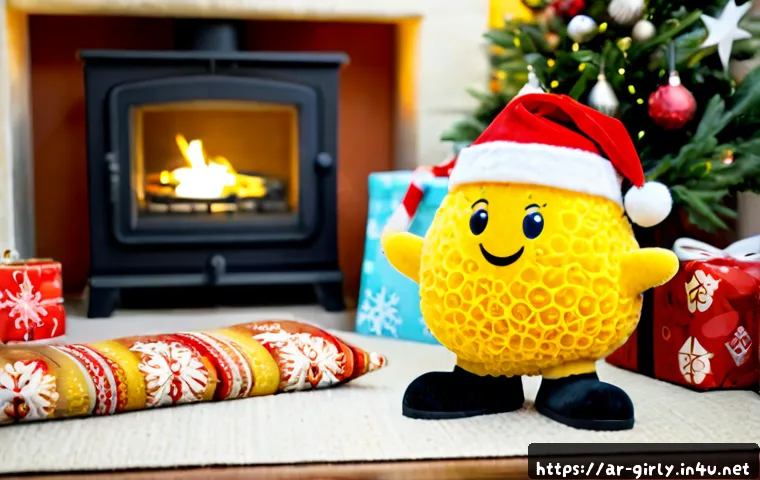 스폰지밥 크리스마스 에디션 - Photorealistic cheerful yellow sea sponge mascot wearing a red Santa hat and modest winter scarf, st...